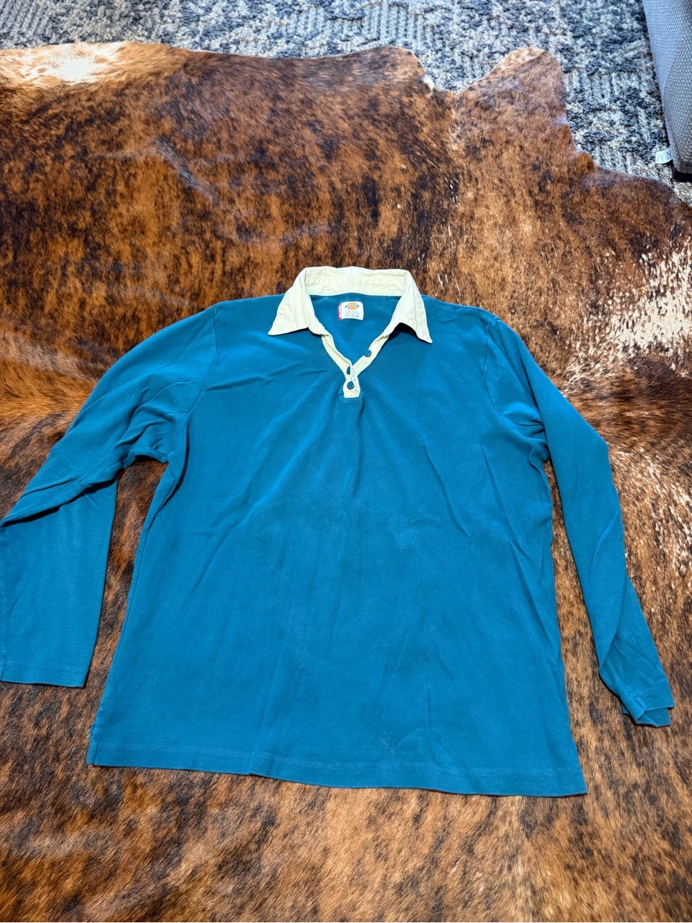 Vintage 80’s Dickies Long Sleeve Rugby Shirt Blue W Beige Collar Size XXL RARE
